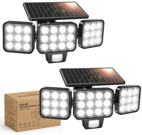 GEARLITE Solarlampen für Außen Garten 3500Lumen mit Bewegungsmelder - 2Pack | 3600mAh, 120LEDs Linsenfokus, 3 Köpfe & 3 Modi, 270° Weitwinkelbeleuchtung, IP65 Wasserdicht, Solarbetriebene Wandfluter, Hof