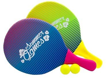 SUMMER GAMES Neopren Beach-Ball-Set, 2 Schläger (22 x 39 cm) und 2 Bälle, mit Tragenetz, für Strand und Garten