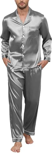 TeJoyce Herren Satin Schlafanzug Lang, Zweiteiliger Seide Pyjama Männer, Set Langarm mit Knöpfen und Hose mit Taschen, Luxus und Elegante Seidenpyjama zum Nächte S-XXL