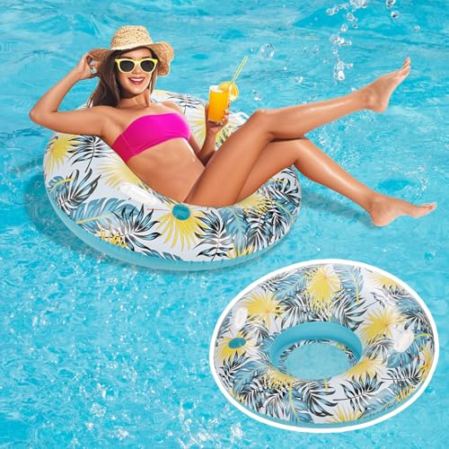 CYFIE Luftmatratze Pool Erwachsene,Aufblasbarer Wasserhängematte,Pool Luftmatratze Sonnenbaden, mit Getränkehalter,Durchmesser 110cm,Blau