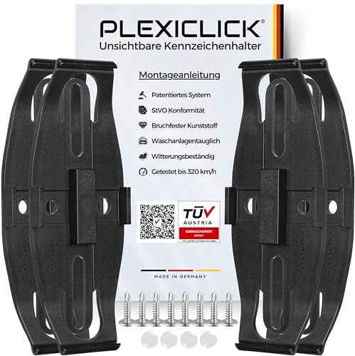 PLEXICLICK® Kennzeichenhalter 4X - TÜV Zertifiziert - Kennzeichenhalter Rahmenlos Schwarz - Nummernschildhalterung Auto - Kennzeichenhalterung - Nummernschildhalter - Kfz Kennzeichen Halterung