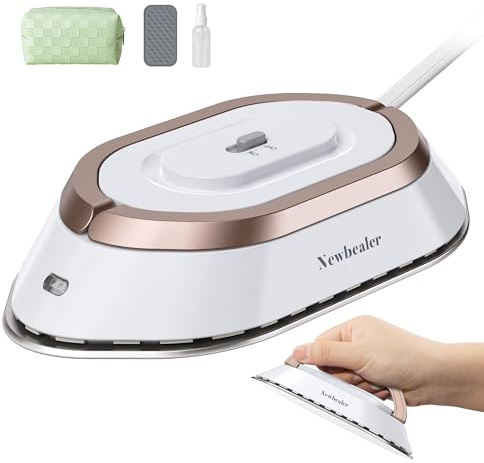 Newbealer Mini Reisebügeleisen mit Universalspannung 100-240V, Kompaktes Bügeleisen für Kleidung (kein Dampf), Keramikfläche, 150 °C Heißpress mit Sprühflasche, Beutel und Silikonständer, Gold