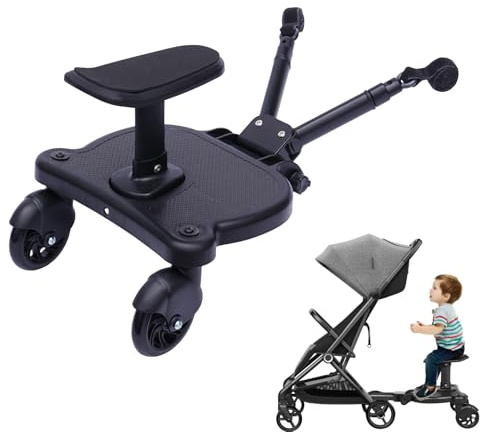 Buggy Board Für Alle Kinderwagen, Buggyboard Mit Sitz, 25Kg Trittbrett Mitfahrbrett Universal, 2-In-1 Kinderwagen Board Abnehmbarer Sitz Kiddy Board 360° Drehbare Stoßdämpfende Räder Für 2-6 Jahre