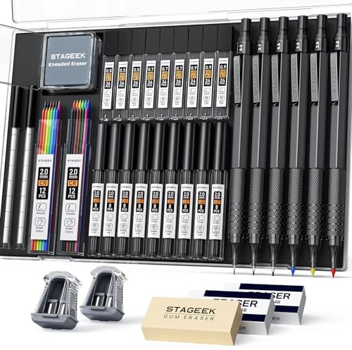 STAGEEK 6Stück Druckbleistifte Set,0,5 0,7 0,9 2,0mm Minenbleistift,metall mechanischer bleistift mit 384 Minen(6B, 4B, 2B, HB, 2H, 4H, Farbe) schreibwaren,für Künstler, Skizzieren, Zeichnen,schwarz