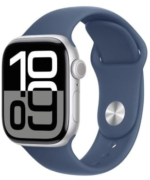 Apple Watch Series 10 (GPS 42 mm) Smartwatch mit Aluminiumgehäuse in Silber und Sportarmband in Denim (S/M). Fitnesstracker, EKG App, Always-On Retina Display, Wasserschutz