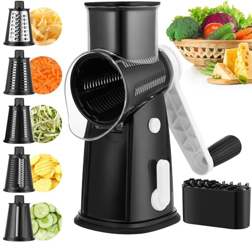Vihoom Käsereibe mit Kurbel, Reibe für Gemüse mit 5 Austauschbaren Trommelblättern, Gemüseschneider Ideal für Käse, Gurken, Karotten, Nüsse, Trommelreibe Schnelleres und Einfaches Schneiden