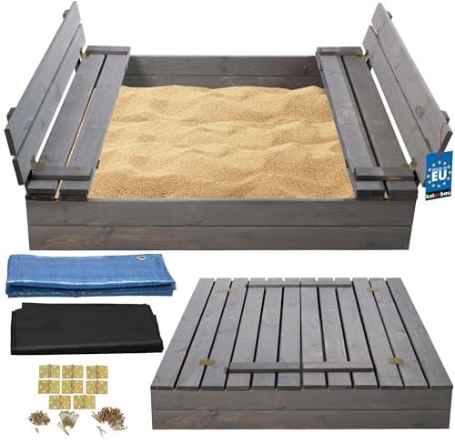 KOTARBAU® Sandkasten mit Abdeckung - 120 x 120 cm - Sandkiste aus Holz - Sandkasten mit Deckel & Sitzbänken - Gartenspielzeug für Kinder - mit Sandkastenvlies - Imprägniert - Holz - Grau
