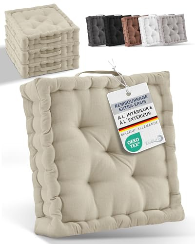 Beautissu 4er Set Bodenkissen Sitzkissen 40x40 cm - Dickes Matratzenkissen 8cm - 100% Baumwolle Stuhlkissen Indoor & Outdoor Sitzkissen Boden Tragegriff extra Dicke Sitzauflagen Leinen - Mila