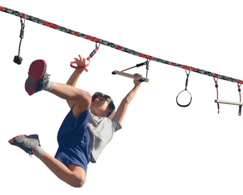 Slackers Ninja Line Starter Set – Outdoor Hangelparcours & Slackline für Kinder ab 5 Jahren – Komplettset mit 11 m Slackline, 7 Hindernissen, Ratsche & Tragetasche – Ninja-Spielspaß im Garten