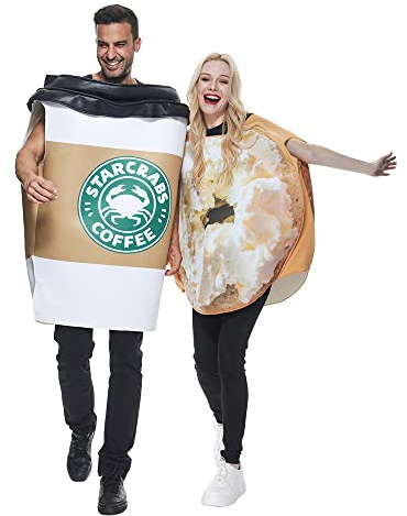 EraSpooky Bagel und Kaffee Kostüm Set für Erwachsene für Party Cosplay Halloween, Fasching, Themenparty Kleidung, Rollenspiel, Paarkostüm