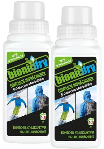 bionicdry Einwasch-Imprägnierer Doppelpack (2 x 250 ml) Flüssigimprägnierer zur Nachimprägnierung von Outdoorkleidung & -Equipment, Waterstop für Sportbekleidung, Rucksäcke, Sonnensegel, PFC-frei