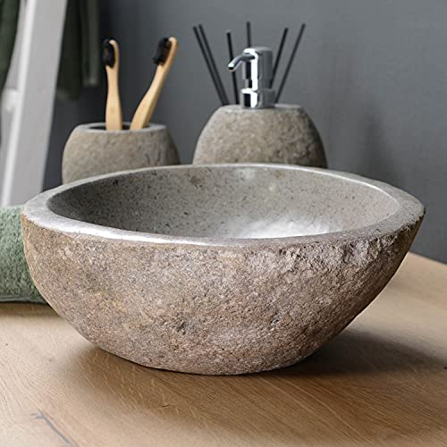 30 cm Naturstein-Waschbecken oval grau für Bad Gäste WC Steinwaschbecken Aufsatzwaschbecken aus Flussstein