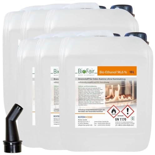 BioFair Bioethanol 96,6% Reiner Brennstoff für Ethanolkamine, 6 x 10 Liter | Für Bioethanolkamin, Ethanol Tischkamin, Wandkamin Indoor, sofort einsatzbereit ohne Mischen; geruchs- und rußfrei, 60 Liter