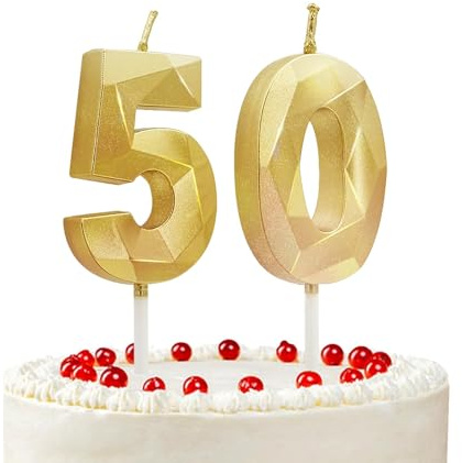 Prebarfun Gold Geburtstagskerzen Zahlen 50, Kerzen 50 Geburtstag für Party | Goldene Kuchendeko, Happy Birthday Kerze, 3D Kerzen Dekorationen für Torte, Hochzeiten, Firmenfeiern, Jubiläen