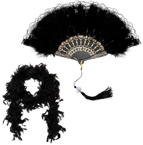 KarnevalsTeufel Federboa mit Schwarzer Federfächer, Schwarze Federboa, Federstola Federschal Kostüm Karneval, Flauschige Truthahnfedern Boa Für Karneval, Tanzen, Hochzeitsfeier 20er Jahre Charleston