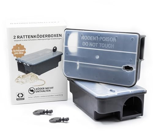 Köder-Discount Rattenfalle für Giftköder (Köder nicht enthalten) – 2 Abschließbare Rattenköderboxen mit Klarem Deckel zur sicheren Auslage von Rattengift, kindersicher, wetterfest, inkl. Warnaufkleber