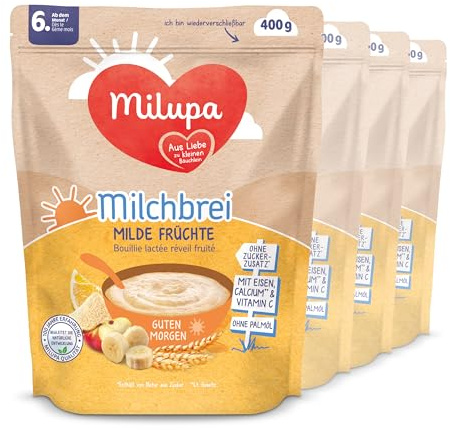 Milupa Milchbrei Milde Früchte – Babybrei ohne Palmöl – Frei von Konservierungs- und Farbstoffen – Ab dem 6. Monat – 4 x 400 g