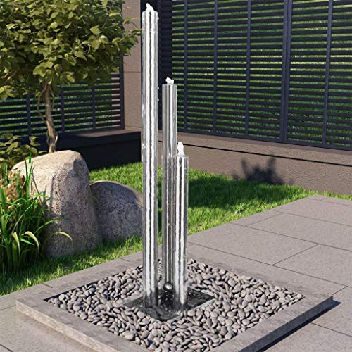 Gartenbrunnen Edelstahl mit LED Beleuchtung 48x34x153 cm | Säulenbrunnen, 50L Wassertank, 45W Pumpe (2500L/h), Warmweißes LED Licht, Montage Erforderlich, für Terrasse Garten Balkon