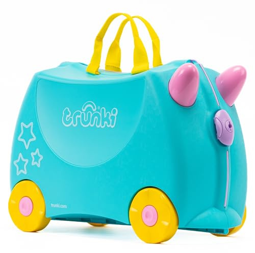 Trunki Der originale Kinderkoffer zum Draufsitzen - 18-L Handgepäck Koffer, befahrbarer Hartschalen Reisekoffer mit Rollen, inklusive Zuggurt/Schultergurt