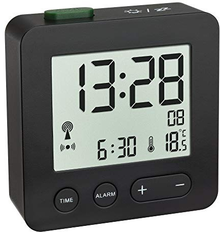 TFA Dostmann 60.2545.01 Digitaler Funk-Wecker, Schwarz, L 66 x B 22 x H 68 mm, 2 x 1,5 V AAA-Batterie (Nicht im Lieferumfang enthalten)