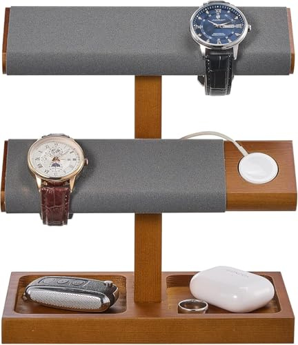 ProCase Uhrenständer, Uhrenhalter aus Holz Uhrenaufbewahrung Watch Stand, Uhrenständer T-Bar Display - 2 Etagen, Braun