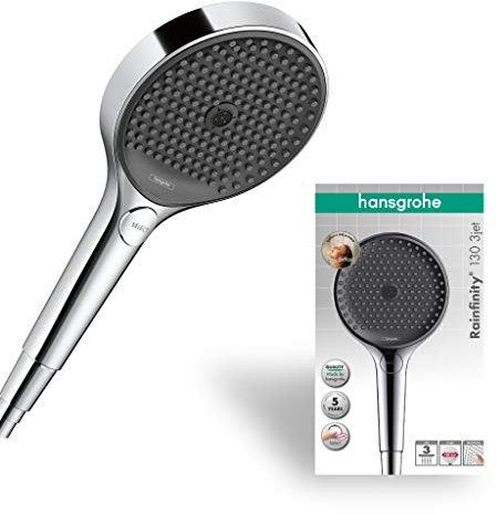 hansgrohe Rainfinity - Duschkopf, Handbrause mit 3 Strahlarten, runde Duschbrause (⌀ 130 mm), Brausekopf mit Antikalk-Funktion, Chrom