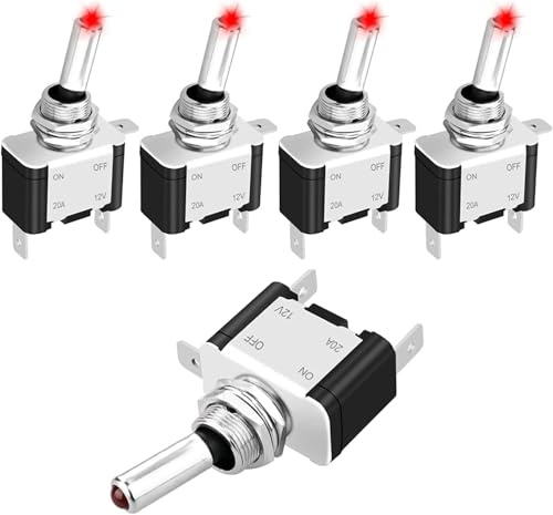 Linkstyle 5 Stück Kippschalter 12V, 20A EIN/AUS Wippschalter mit Rot LED und Metallhebel, Wasserdicht SPST Rocker Toggle Switch für Auto KFZ Marine RV Fahrzeuge LKW Boot
