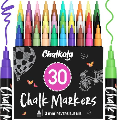 Chalkola Kreidestifte für Tafel Abwaschbar - (30 Stifte, 3mm Kreidemarker) | Pastell & Neon, Tafelstifte & Glasstift, Kreidestift für Fenster, Auto, Spiegel & Bistro, Chalk Marker, Fenstermalstifte