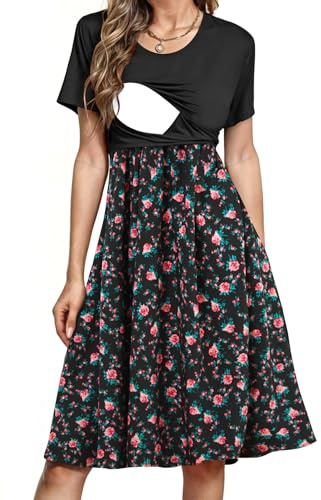 PARNIXS Damen Stillkleid Sommer Kurzarm Patchwork Schwangerschaft Kleidung mit Taschen,M