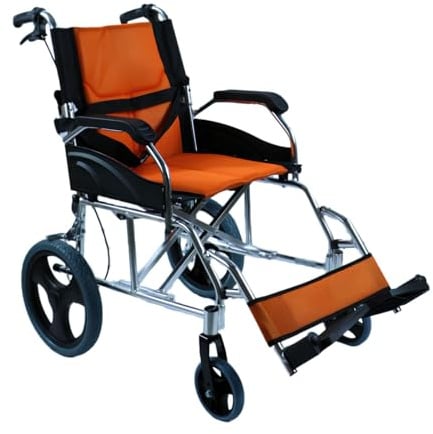 Ausilium Ultraleichter Transportrollstuhl Klappbar aus Aluminium mit Sicherheitsgurt und Verstellbarer Rückenlehne, Farbe Orange