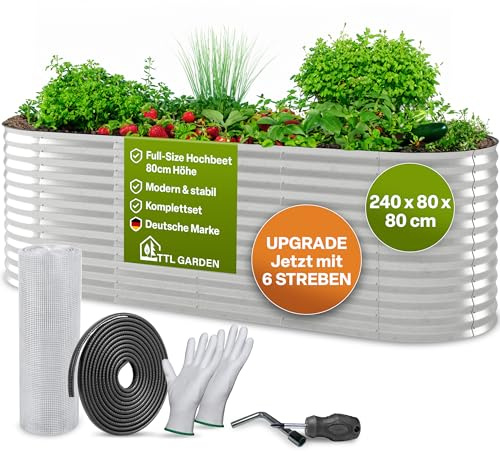 TTL GARDEN 240x80x80cm Spirit L Metall Hochbeet Silber - Stahl rostfrei verzinkt Wellblech ovale Form sehr groß stabil & wetterfest Garten Beet für Gemüse Kräuter Blumen Gartenbeet Gemüsebeet