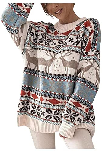 Beichwtd Weihnachtspullover Damen : Warme Weihnachtspulli Langarm Norweger Pullover mit Streifen für Winter Übergangszeit - Festliche Oberteile Frauen Schneeflocken Casual