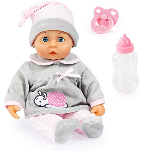 Bayer Design Babypuppe First Words, interaktiv, Spielpuppe sprechend | 24 Babylaute, Schlafaugen, weicher Körper, 38 cm, Schnuller und Flasche