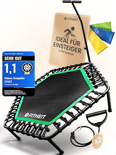Fitness Trampolin Indoor Erwachsene | Jumping Trampolin Fitness | Ø120cm Minitrampolin für Erwachsene bis 150 kg | Sporttrampolin - inkl. 2 Härtegrade, Haltegriff & 5 Widerstandsbändern
