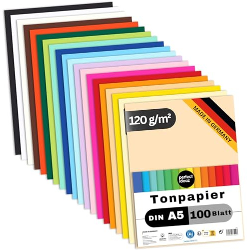 perfect ideaz - 100 Blatt Tonpapier DIN-A5, 20 Farben, 120 g/m², made in Germany, Blauer Engel zertifiziert