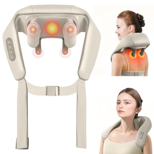 Nackenmassagegerät mit Wärme, Kabellos Shiatsu Massagegerät Nacken, 4D Nackenmassage, Elektrische Nacken Massage Massagegurt für Schulter,Beine,Geschenke für Männer, Frauen (A-Beige)