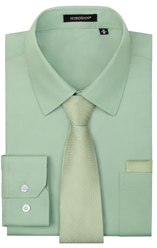 HISDERN Herren Hemd Salbei Grün Anzughemd Langarm Hemd mit Krawatte Set Formelle Business Hochzeit Herrenhemd Regular Fit L
