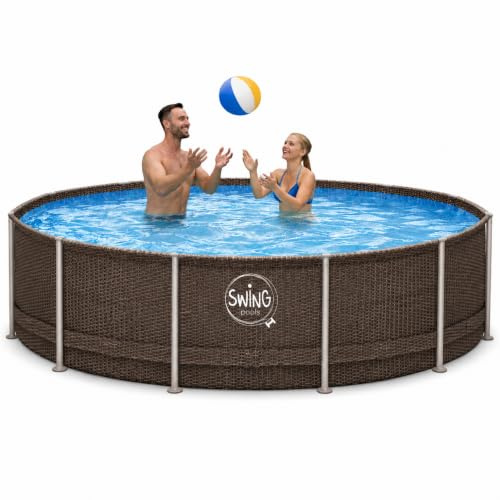 HAF - Swing Frame Pool rund Grau Rattan-Optik (Ø 366 cm, 91 cm tief) - Gartenpool mit 8.300 Liter - Robust, UV-geschützt & korrosionsbeständig - Stabiler Metallrahmen - Schnellaufbau ohne Werkzeug