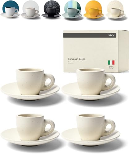 KIVY Espresso Tassen Set 4x 75ml - Handgefertigt aus dickwandigem Steingut | Handgefertigte Espresso Tassen dickwandig - Italienische Espressotassen Steingut Dickwandig - Barista - Beige - Mokkatassen