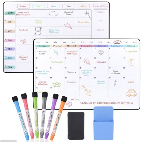 POPRUN 2 Stk Wochenplaner Abwischbar & Whiteboard Monatsplaner, A3 Familienkalender Selbstklebend für Wand Glas Holz Kühlschrank, Perfect as Familienplaner, Stundenplan, Putzplan familie