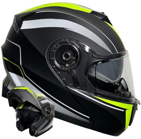 Klapphelm Integralhelm Helm Motorradhelm RALLOX 160 schwarz neon gelb grün matt mit Sonnenblende (S, M, L, XL)