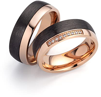 Paar Partnerringe & Eheringe aus Titan Carbon – 7 mm Ringpaar mit Zirkonia, moderne Trauringe für Sie und Ihn mit Gravur und Etui | 7012