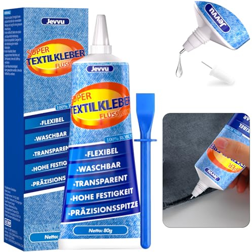 Jevvu Textilkleber, 80ml Stoffkleber Textilkleber für Kleidung, Reparaturkleber für Stoffe, Bastelprojekte, Polsterungen, Textilien, Puppenreparatur, Filz und Abzeiche
