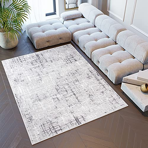 TAPISO Sky Teppich Kurzflor Grau Creme Karo Gitter 250 x 350 cm | Geometrisch Modern Meliert Verwischt Design Wohnzimmer Schlafzimmer 3D Optik OEKO-TEX