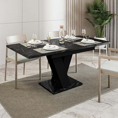 MALVI Esstisch ausziehbar 120-160x80 cm Schwarz Marmoroptik, Küchentisch | Esszimmertisch für 4–6 Personen, ausziehbar von 120 auf 160 cm, V-Gestell, Platte in schwarzer Marmoroptik