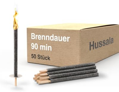 Hussala Diamond Wachsfackeln [50 Stück / 90 min] mit Holzstab und Tropschutz, Garten Fackeln aus Diamond-Wachs