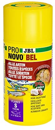 JBL PRONOVO BEL FLAKES S 100 ml | Prebiotische Hauptfutter Flocken für alle Aquarienfische im Gesellschaftsaquarium | Gesunde & artgerechte Ernährung | 2 % Knoblauchanteil | Für Fische von 3-10 cm