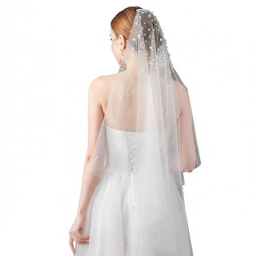 Aohyue Brautschleier mit Perlen, Elegent Brautschleier Damen 95 cm, Weiß Einzelner Tüll Hochzeitsschleier, für Brautkleid, Hochzeitskleid & Brautkleider Kurz mit Kamm, Rahmengenähter Perlenstil