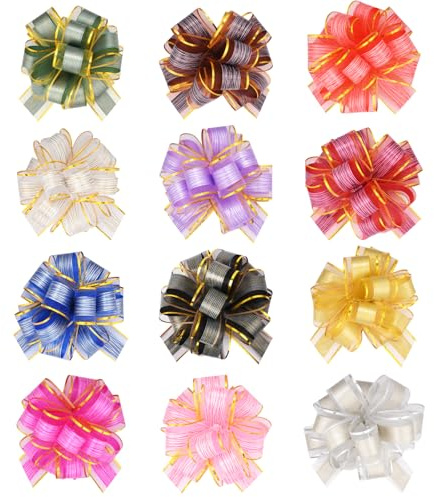 HOTUT Große Geschenkschleife, 12 Stück Geschenk Schleife mit Geschenkbänder, Ziehschleife ø 16 cm Dekoschleifen für Auto Dekor geschenkdekoration Hochzeit Geburtstag Weihnachten - Zwölf Farben