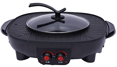 2 In 1 Hotpot und Grill,Elektrischer Hotpot Topf Elektrogrill Antihaft-Rauchloser Grillofen,mit Abnehmbar Kochplatte Indoor Korean BBQ Thai Barbecue Fondue Raclette für 5-6 Personen